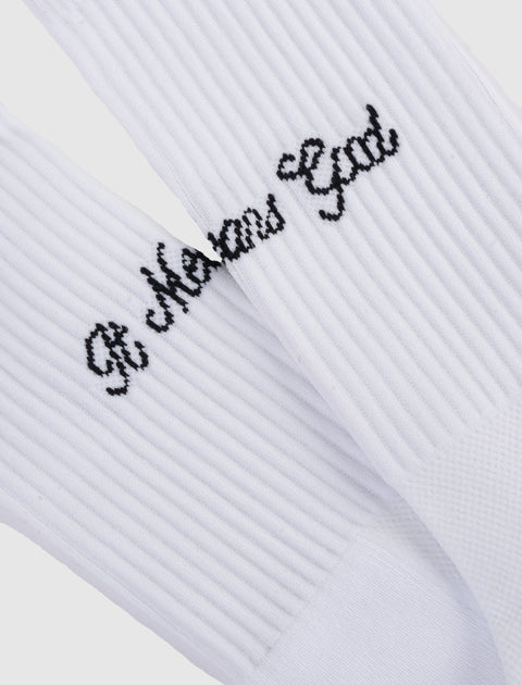 White ribbed crew socks with black script text embroidery detail