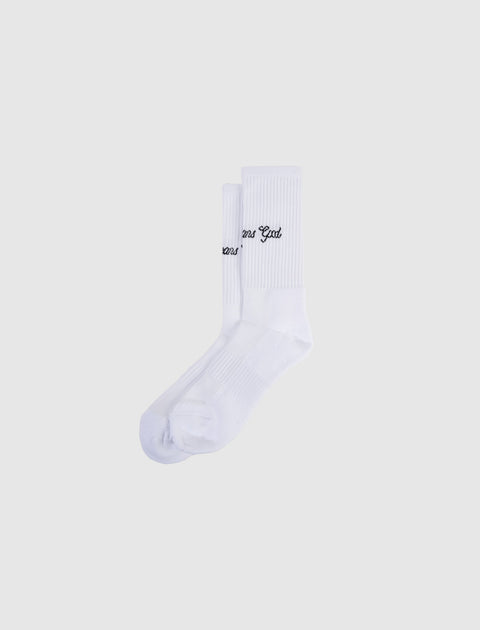 White crew socks with black text embroidery, men's streetwear apparel on plain background