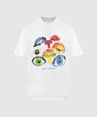 White streetwear t-shirt with colorful mushrooms and eye graphic print on front