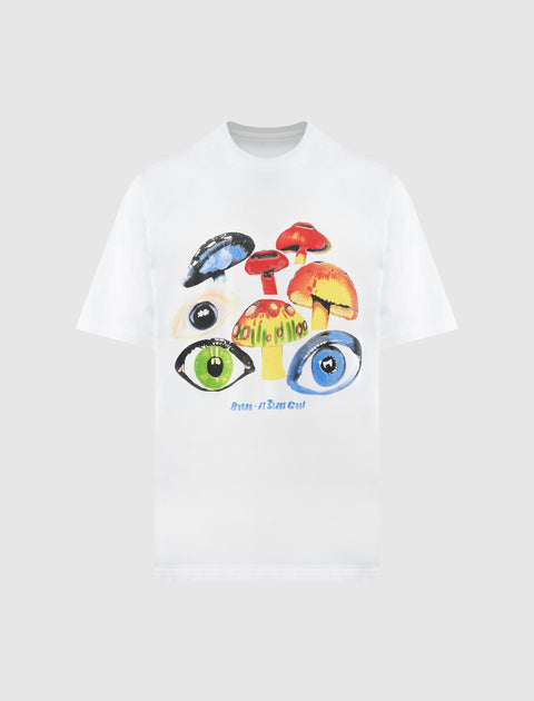White streetwear t-shirt with colorful mushrooms and eye graphic print on front