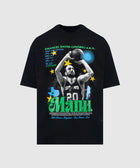 Black graphic streetwear t-shirt featuring a basketball player and colorful text and stats.