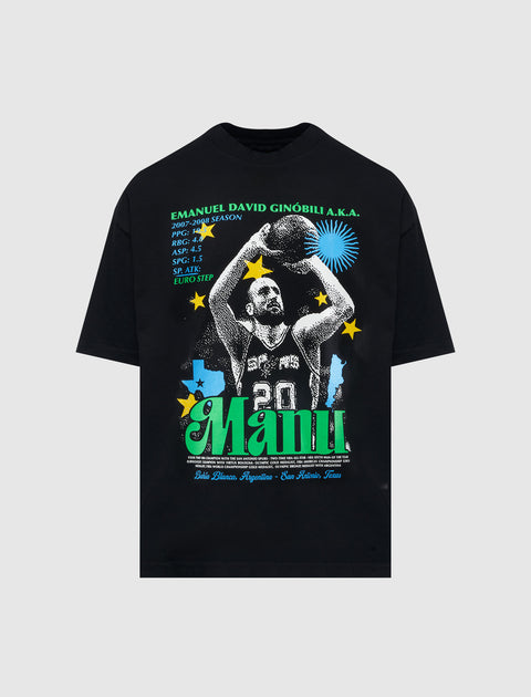 Black graphic streetwear t-shirt featuring a basketball player and colorful text and stats.