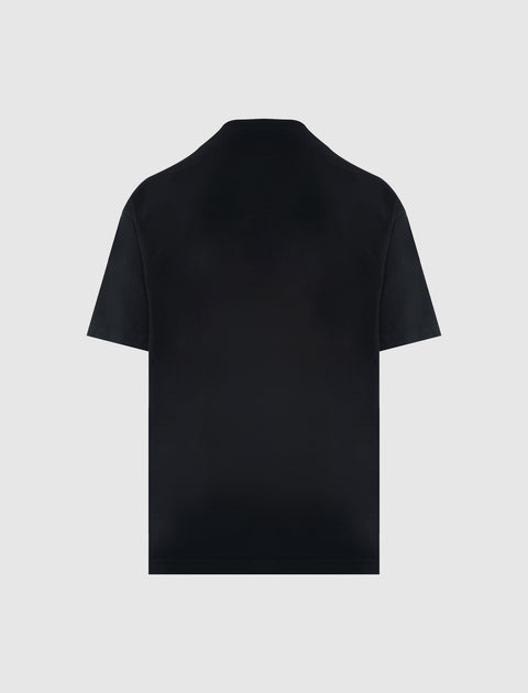 back view of plain black men's short sleeve streetwear t-shirt on light background