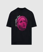 Black streetwear t-shirt with pink statue face graphic and 'It Means Good' text