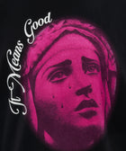 Black streetwear tee with purple crying statue graphic and 'It Means Good' text