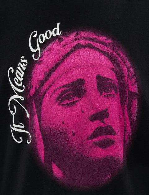 Black streetwear tee with purple crying statue graphic and 'It Means Good' text