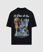 Black graphic streetwear t-shirt featuring collaged portraits and text referencing Maradona.