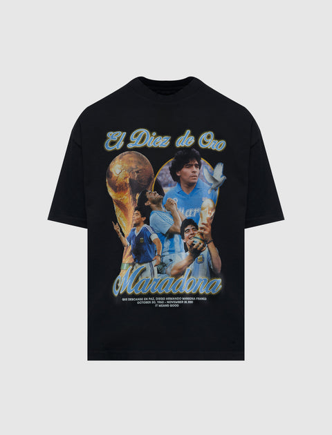 Black graphic streetwear t-shirt featuring collaged portraits and text referencing Maradona.