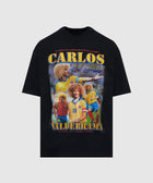 Black streetwear t-shirt featuring colorful Carlos Valderrama graphic design, soccer theme