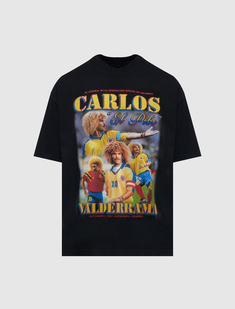 Black streetwear t-shirt featuring colorful Carlos Valderrama graphic design, soccer theme