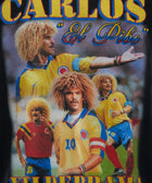 Graphic t-shirt with retro collage of soccer player in yellow Colombia jersey and bold text design
