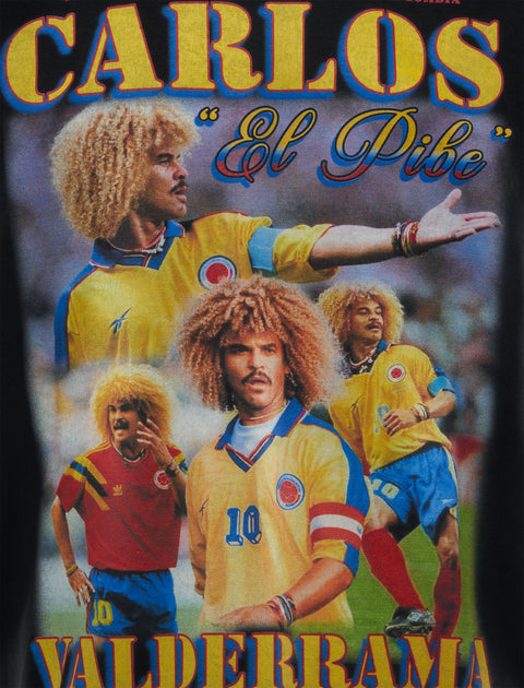 Graphic t-shirt with retro collage of soccer player in yellow Colombia jersey and bold text design