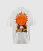 White graphic streetwear t-shirt with colorful sun and flame design on the back
