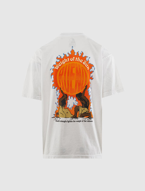 White graphic streetwear t-shirt with colorful sun and flame design on the back