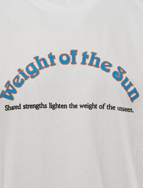 White graphic streetwear tee with 'Weight of the sun' and motivational quote text.