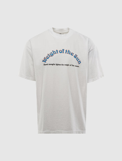White streetwear t-shirt with 'Weight of the Sun' text graphic on front, short sleeves.