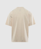 Back view of a beige short sleeve men’s streetwear t-shirt on white background