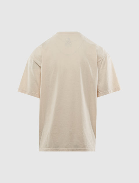 Back view of a beige short sleeve men’s streetwear t-shirt on white background