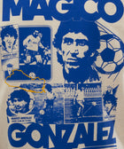 Men's streetwear graphic tee featuring blue Magico Gonzalez soccer collage design