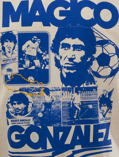 Men's streetwear graphic tee featuring blue Magico Gonzalez soccer collage design
