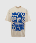 Beige streetwear t-shirt with bold blue 'Magico Gonzalez' soccer graphic print on front