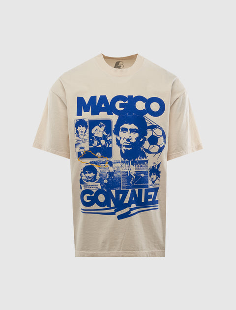Beige streetwear t-shirt with bold blue 'Magico Gonzalez' soccer graphic print on front