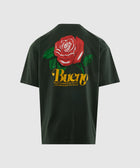 Black men's streetwear t-shirt with red rose graphic and yellow Bueno text on back