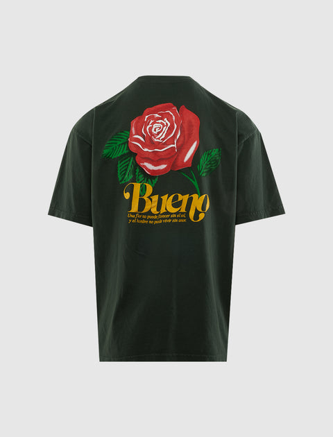 Black men's streetwear t-shirt with red rose graphic and yellow Bueno text on back