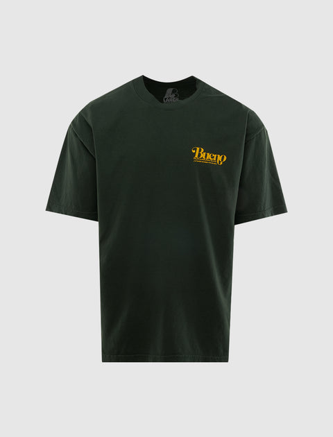Dark green streetwear T-shirt with yellow Bueno logo on chest, men's apparel