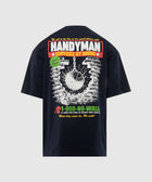 Back of black graphic streetwear t-shirt with handyman service design and colorful print.