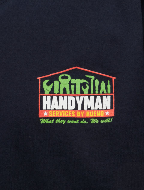 Navy streetwear shirt with colorful handyman logo and tool graphic on the chest