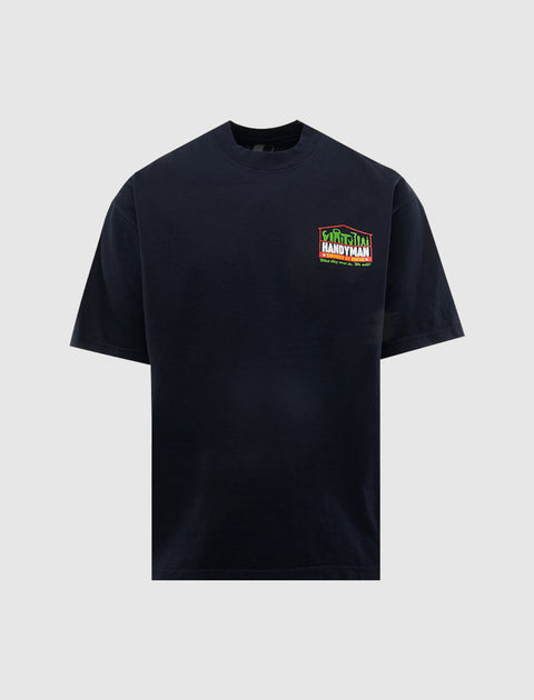 Black streetwear T-shirt with colorful handyman logo graphic on left chest