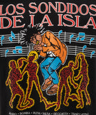 Illustrated graphic tee with trumpet player, music notes, red outlined dancers, and Spanish text.