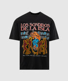 Black graphic streetwear t-shirt with 'Los Sonidos De La Isla' music and dancers print