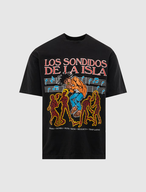 Black graphic streetwear t-shirt with 'Los Sonidos De La Isla' music and dancers print