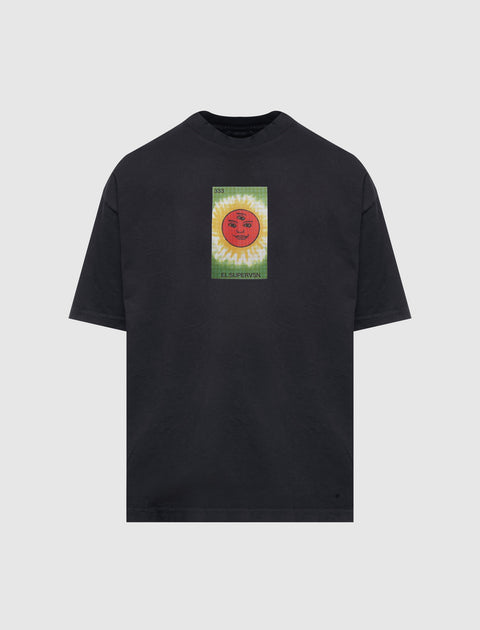 Black streetwear t-shirt with colorful sun graphic and EL SUPERVSN text on front