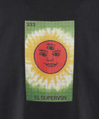 Black t-shirt with graphic of a red sun face with three eyes, yellow aura, and EL SUPERVSN text