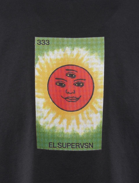 Black t-shirt with graphic of a red sun face with three eyes, yellow aura, and EL SUPERVSN text