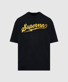 Black streetwear t-shirt with yellow 'Supervsn' script and lightning bolt graphic on chest