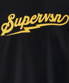 Black streetwear t-shirt with yellow 'Supervsn' script and lightning bolt graphic