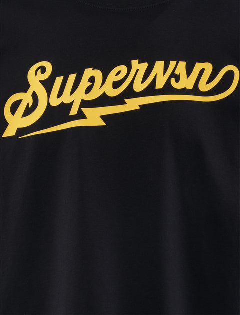 Black streetwear t-shirt with yellow 'Supervsn' script and lightning bolt graphic