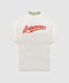 White short sleeve t-shirt with red 'Supervsn' script and lightning graphic on chest
