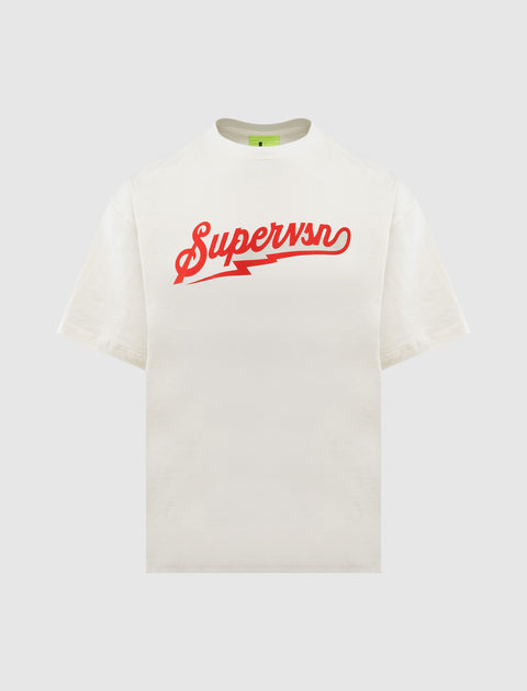 White short sleeve t-shirt with red 'Supervsn' script and lightning graphic on chest