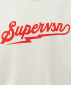 White streetwear t-shirt with bold red Supervsn script and lightning bolt graphic