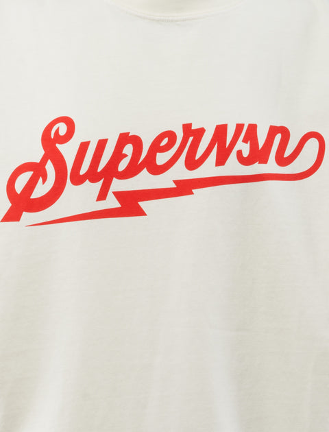 White streetwear t-shirt with bold red Supervsn script and lightning bolt graphic