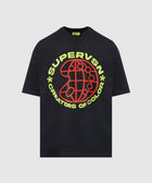 Black streetwear t-shirt with neon yellow and red SUPERVSN graphic and Creators of Color text