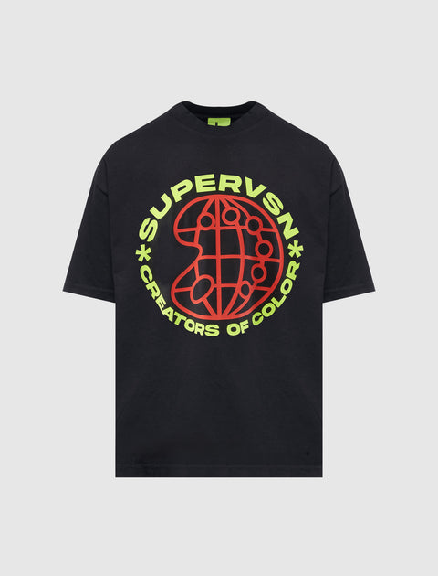 Black streetwear t-shirt with neon yellow and red SUPERVSN graphic and Creators of Color text