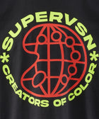 Black streetwear t-shirt with neon yellow 'SUPERVSN CREATORS OF COLOR' graphic and red globe design