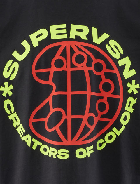 Black streetwear t-shirt with neon yellow 'SUPERVSN CREATORS OF COLOR' graphic and red globe design