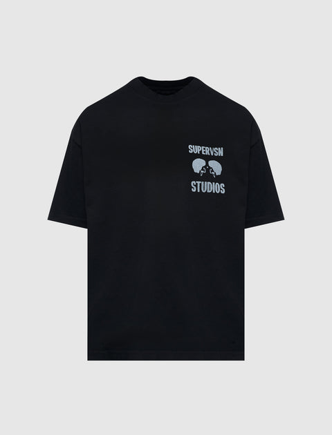 Black men's streetwear t-shirt with "SUPERVSN STUDIOS" white chest graphic and short sleeves